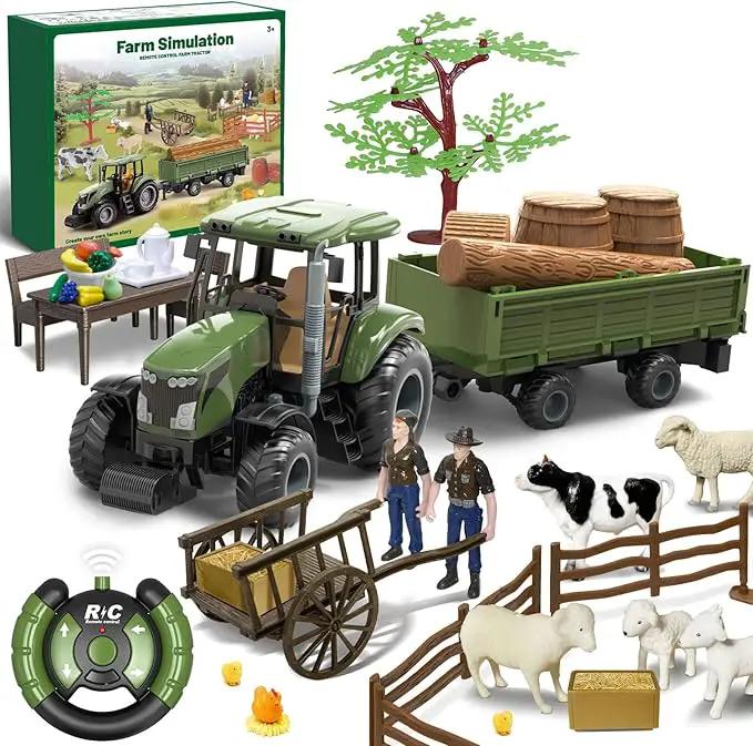 Remote Control Tractor with Trailer - Farm Toys Set Including Animals, Fruits, Vegetables, and Farmer Figures, Toddlers Farm Vehicle Toys for 3 4 5 6 7 8 9 Year Old Boys Girls Birthday Gifts by GreenHaven Gardens