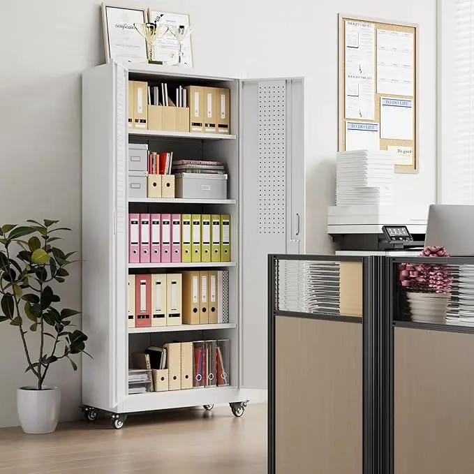 73" H Metal Garage Storage Cabinet with Wheels & Pegboard,Rolling Tool Cabinet with 2 Doors and 4 Shelves for Garage,Home,Office,Warehouse,Workshop, Required-Assembly,White by GreenHaven Gardens