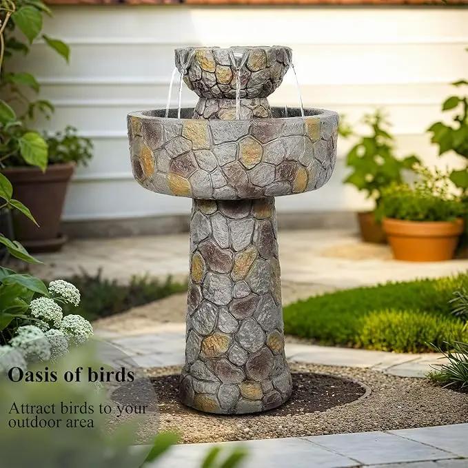 SunJet 25.7” High x 15.3” Diameter Concrete Bird Bath with Faux Stone Finish - Outdoor Water Fountain with Electric Pump - Birdbath for Garden, Patio, Yard, Lawn Décor by GreenHaven Gardens