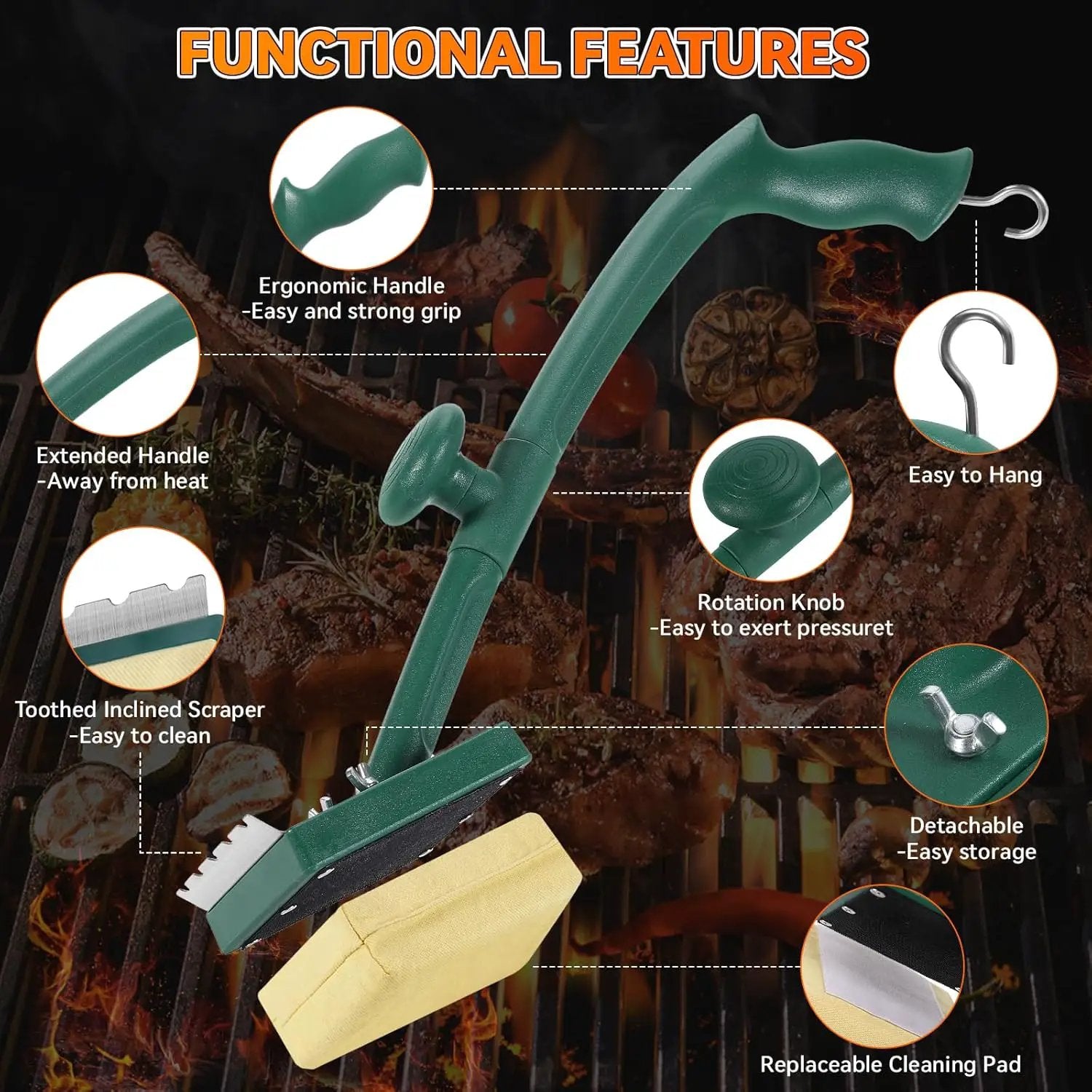 Grill Brush Bristle Free with Scraper,22" Extra Long Steam Grill Brush for Outdoor Grill,Replaceable Cleaning Head,Safe Grill Cleaner for Cast Iron/Stainless-Steel Grates,Ideal BBQ Gifts for Men Dad by GreenHaven Gardens