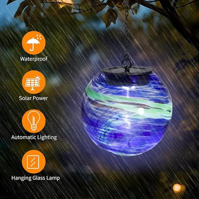 VCUTEKA Solar Chandelier Outdoor, Hanging Glass Solar Light with Hook Up, Garden Lanterns Decor for Yard, Tree and Patio, Blue Green by GreenHaven Gardens