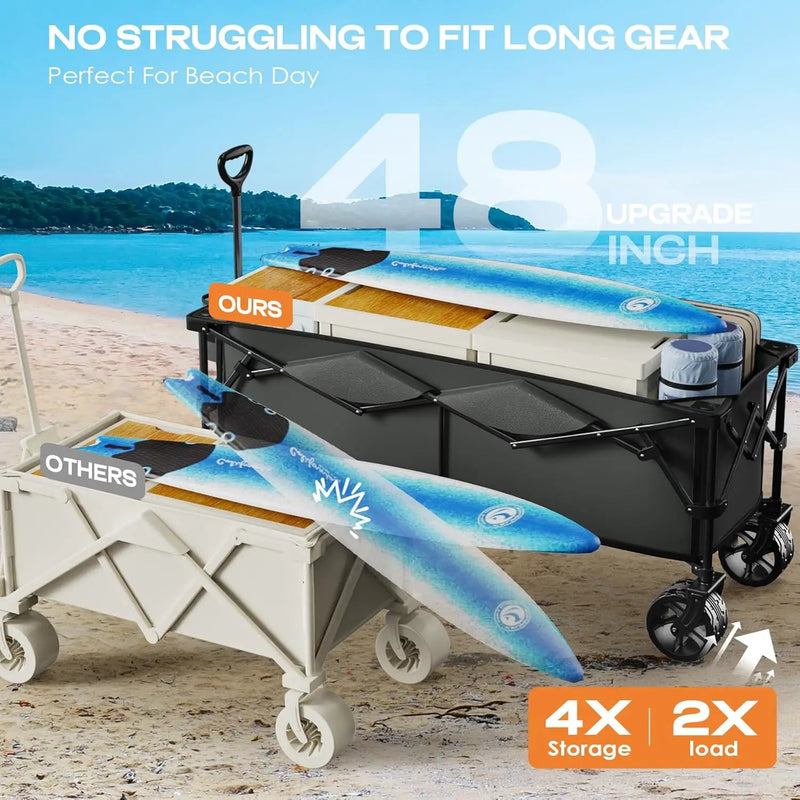 300L Extra Large Collapsible Foldable Wagon, 440lbs Load Capacity 48''L Extended Heavy Duty Folding Beach Wagon with Big All-Terrain Wheels, Utility Garden Cart for Outdoor Activities, Gray by GreenHaven Gardens