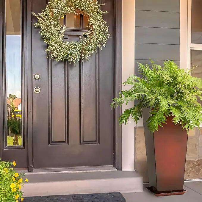 WORTH Garden 28" Large Metal Glazed Planter Set of 2, Luxurious Glossy Finish Red Tall Square Tapered Steel Plant Pots, Decor Flower Pot Indoor & Outdoor, Drainage Hole & Dual-Purpose Plant Saucer by GreenHaven Gardens