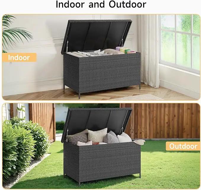 158 Gallon XL Deck Box with Lid, All Weather Wicker Outdoor Storage Box Waterproof, Large Outdoor Patio Storage Bin for Cushions, Garden Tools, Gears, Pool Accessories, Black by GreenHaven Gardens