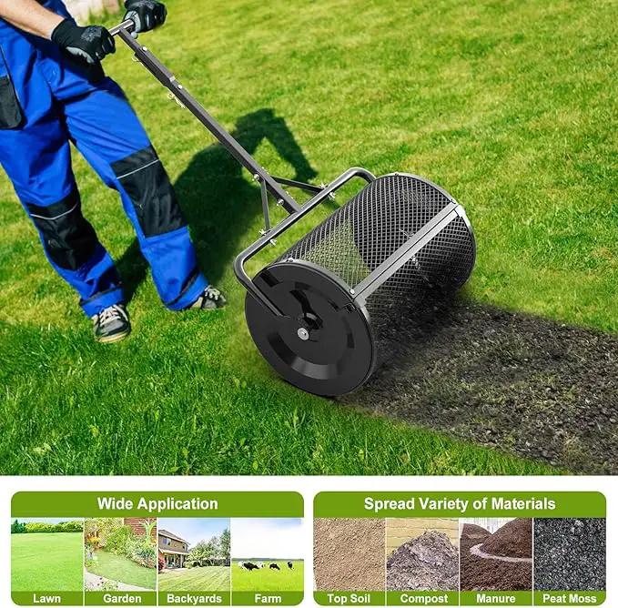 Seeutek Compost Spreader, 24" Peat Moss Spreader with 3 Heights, Top Soil Spreader W/Upgraded Side Latches Support Rod Powder Coated Metal Mesh Top Dressing Spreader for Lawn, 2 Way Uses-Push or Tow by GreenHaven Gardens