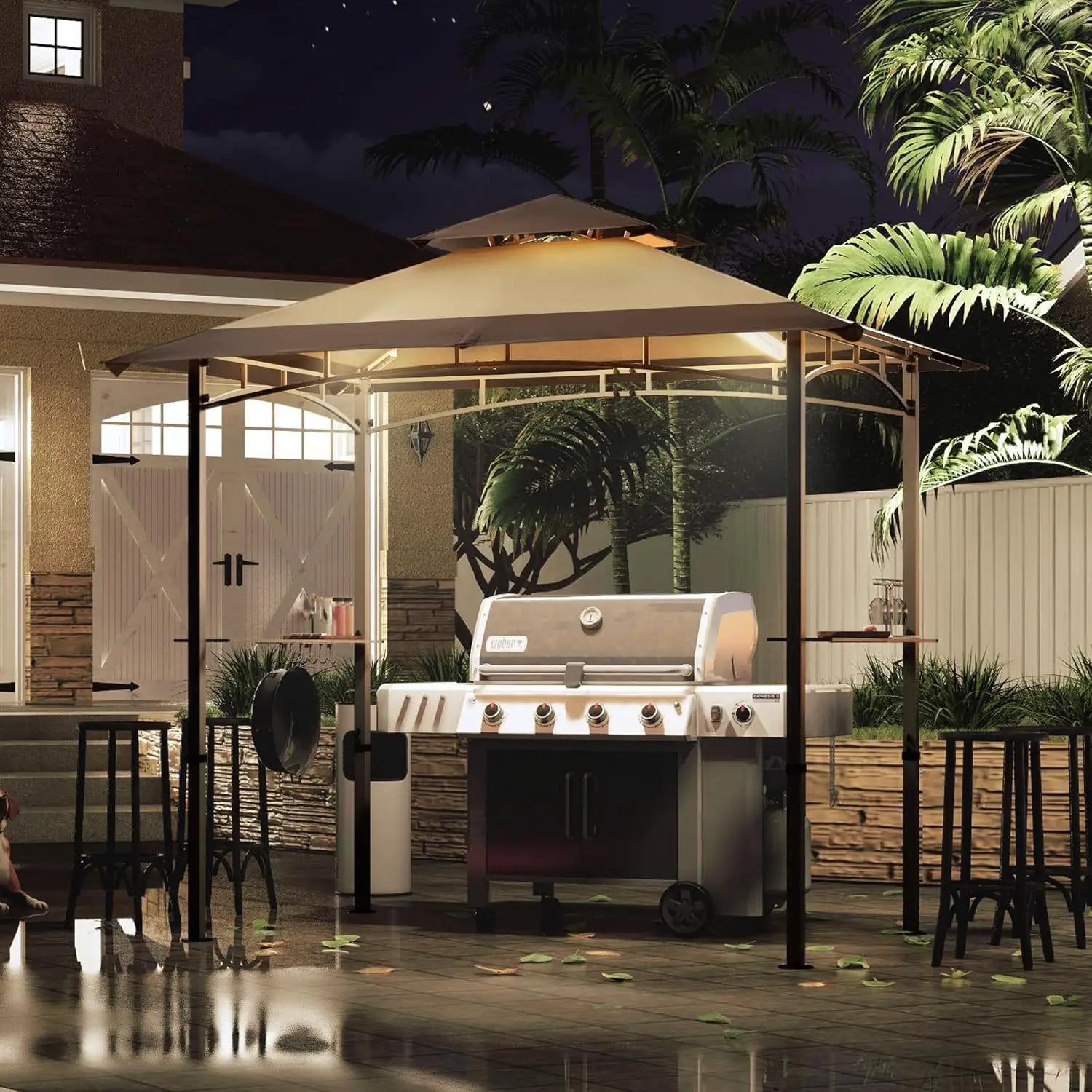 MASTERCANOPY 8 x 5 Grill Gazebo Outdoor BBQ Gazebo Canopy with 2 LED Lights (Brown Stitching Khaki) by GreenHaven Gardens