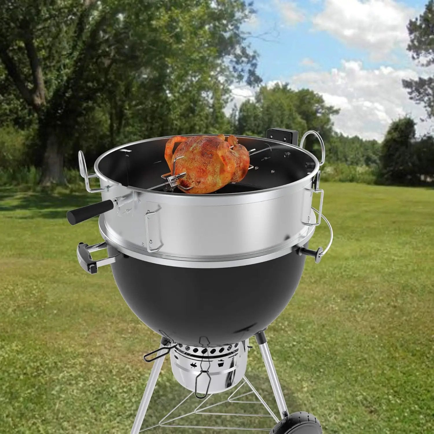 onlyfire Stainless Steel Multi-purpose Rotisserie and Pizza Combo Kit for Weber 22-Inch Kettle Charcoal Grills - Include Pizza Peel and Pizza Stone by GreenHaven Gardens