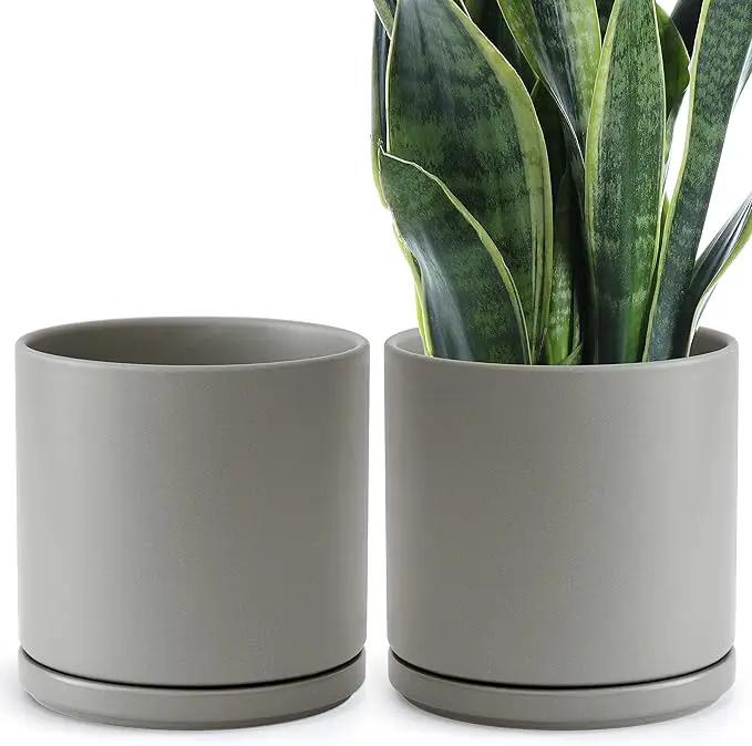 D'vine Dev Set of 2 Plants Pots, 10 Inch Ceramic Planter Pot for Plants with Drainage Hole and Saucer, Speckled Grey, 94-V-E-3 by GreenHaven Gardens