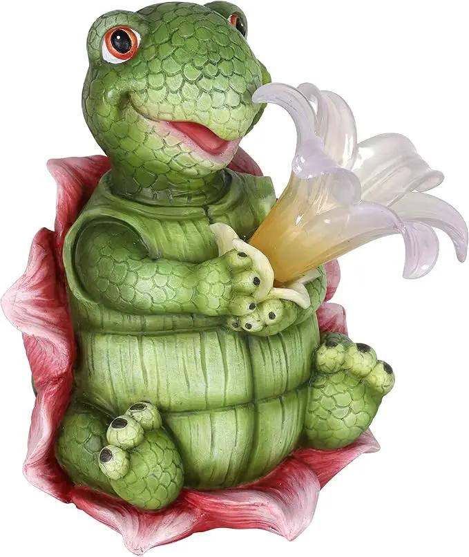 Exhart Solar Turtle Garden Statue, LED Lily Flower, Durable Resin, Cute Yard Décor, 7.5"x5.5"x8.5" by GreenHaven Gardens