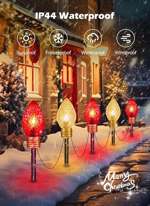 Moonflor Strawberry Jumbo C9 Christmas Pathway Lights Outdoor - 8.5FT 5 LED C9 Walkway Lights Outdoor, Christmas Decoration Outside, Christmas Lights Outdoor for Lawn Holiday Yard, Red & Warm White by GreenHaven Gardens