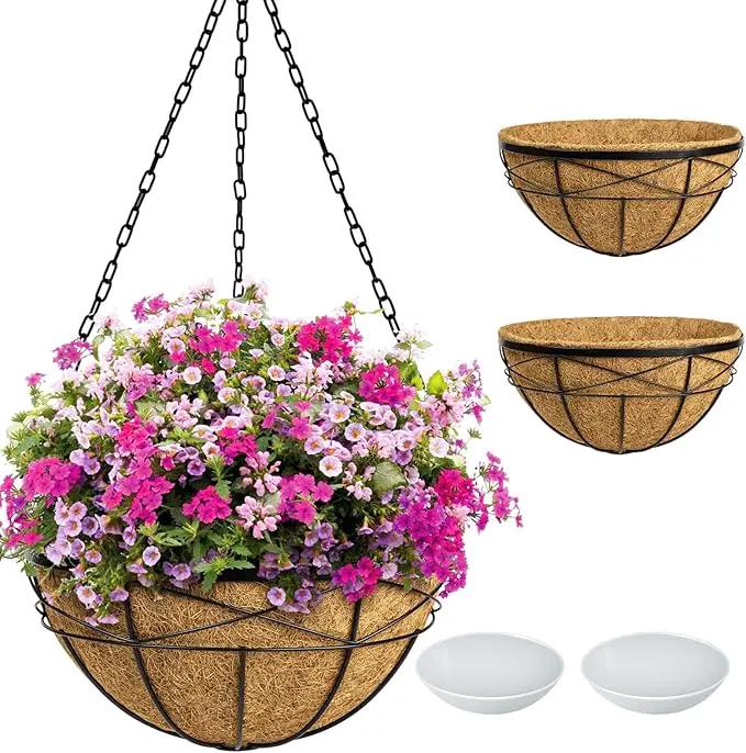 2 Pack 20 Inch Extra Large Deep Hanging Planters for Outdoor Plants Watering Hanging Baskets Flower Pots with Coco Liners Metal Hanging Plant Holder for Porch Balcony Garden Decor by GreenHaven Gardens