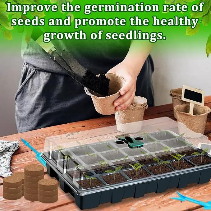 Halatool Seed Starter Kit, 2 Pack Seed Starter Trays with 50 Pcs Coco pellets and 2 Garden Tools & 100 Plant Labels, Greenhouse Indoor Seed Germination System for Herbs, Vegetables and Flowers (Black) by GreenHaven Gardens