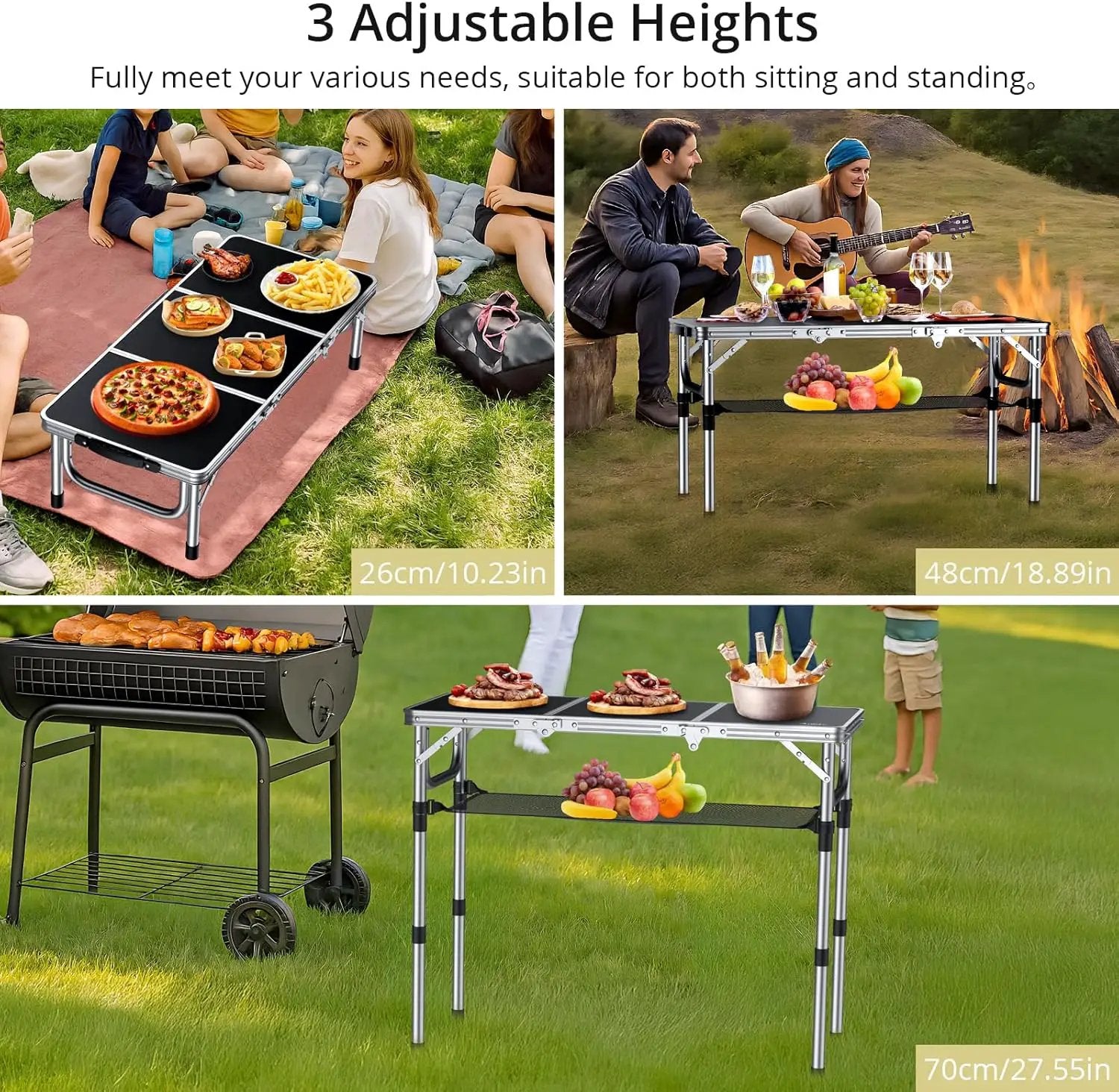 Folding Camping Table with Storage Net, 3ft Camping Table Aluminum Folding Table with 3 Adjustable Height Max 27.1 Inch Picnic Table Portable Table for Outdoor Backyard BBQ, Black by GreenHaven Gardens