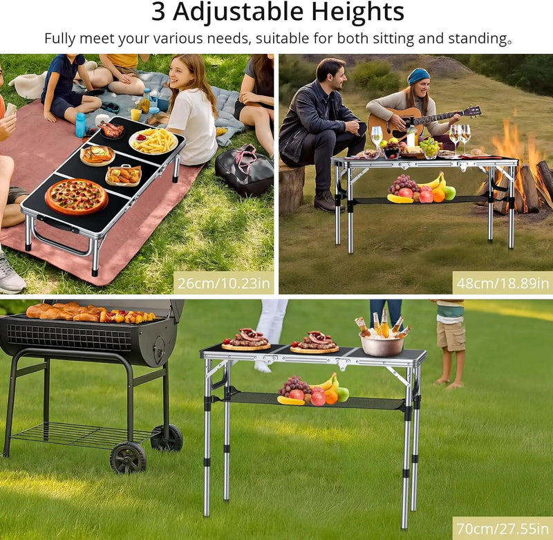 Folding Camping Table with Storage Net, 3ft Camping Table Aluminum Folding Table with 3 Adjustable Height Max 27.1 Inch Picnic Table Portable Table for Outdoor Backyard BBQ, Black by GreenHaven Gardens