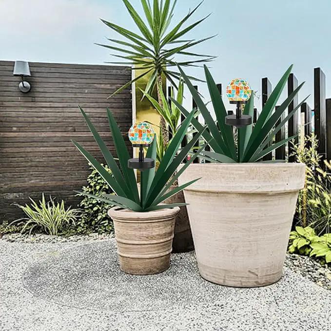 Enlarge Metal Plants Tequila Rustic Sculpture, Outdoor Patio Yard, Home Decor Hand Painted Agave Garden Statue, Outdoor Lawn Ornaments Yard Stakes for Mom Gift (2 Solar Green) by GreenHaven Gardens