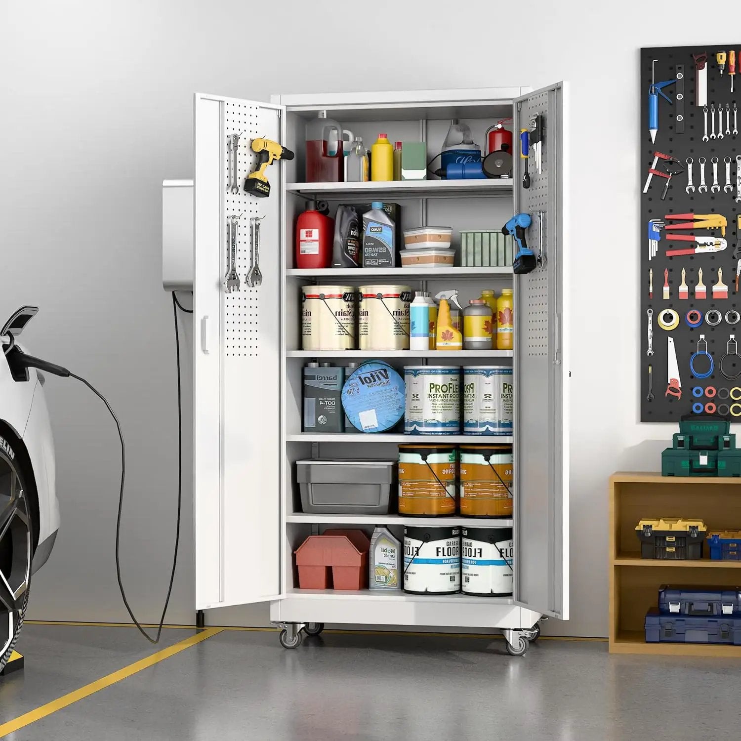 Metal Garage Storage Cabinet with Wheels & Pegboard, Lockable Metal Storage Cabinets with 2 Doors&5 Adjustable Shelves for Garage&Home,Assembly Required,White 71''H x32''W x16''D by GreenHaven Gardens