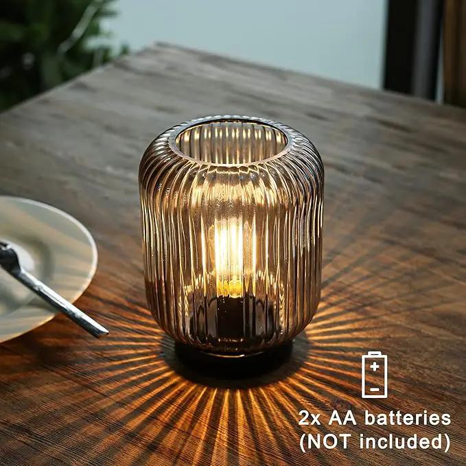 Battery Operated Lamp, Cordless Table Lamps for Home Decor, Battery Powered Nightlight with LED Bulb, Decorative Glass Beside Lamp for Bedroom Living Room-Grey by GreenHaven Gardens