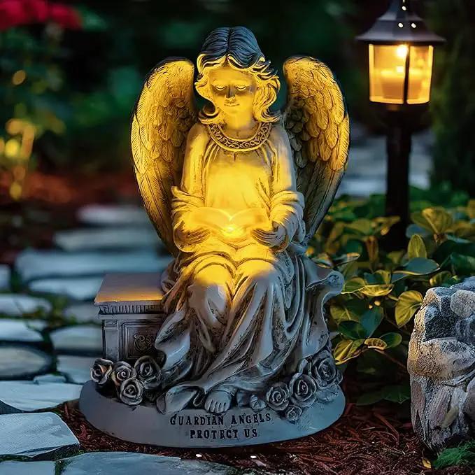 Spring & Summer-Themed Garden Statues – Adorable Outdoor Decor for Lawn, Patio & Porch (Guardian Angel Reading Book Garden Statue, 10" Solar Powered Angelic Outdoor Figurine) by GreenHaven Gardens