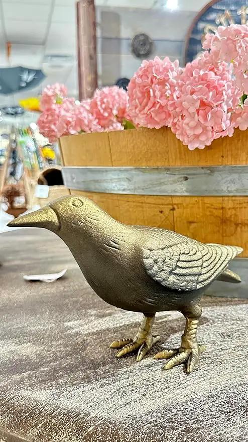 NACH Crow Decor, 4.5 x 11 x 3.5 inch, Cast Iron Antique Gold Raven Statue, Raven Decor for Outside - Head Up Crow Statue by GreenHaven Gardens