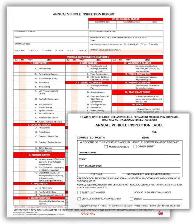 5 Pack 3-Ply Carbonless Annual Vehicle Inspection Report Forms with FMCSA 2-Ply Mylar Laminate Adhesive Vinyl Labels, DOT Inspection Forms and Stickers, Shrink-Wrapped, 8.5" x 11.75" - Made in USA by GreenHaven Gardens