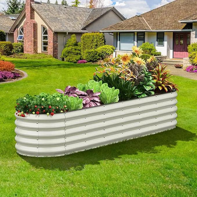 Oval 8x2x1.5 FT Galvanized Raised Garden Bed Kit, 31 in 1 Large Metal Planter Box for Outdoor Gardening, 18” Garden Bed for Vegetables Flower Herb(Pearl White) by GreenHaven Gardens