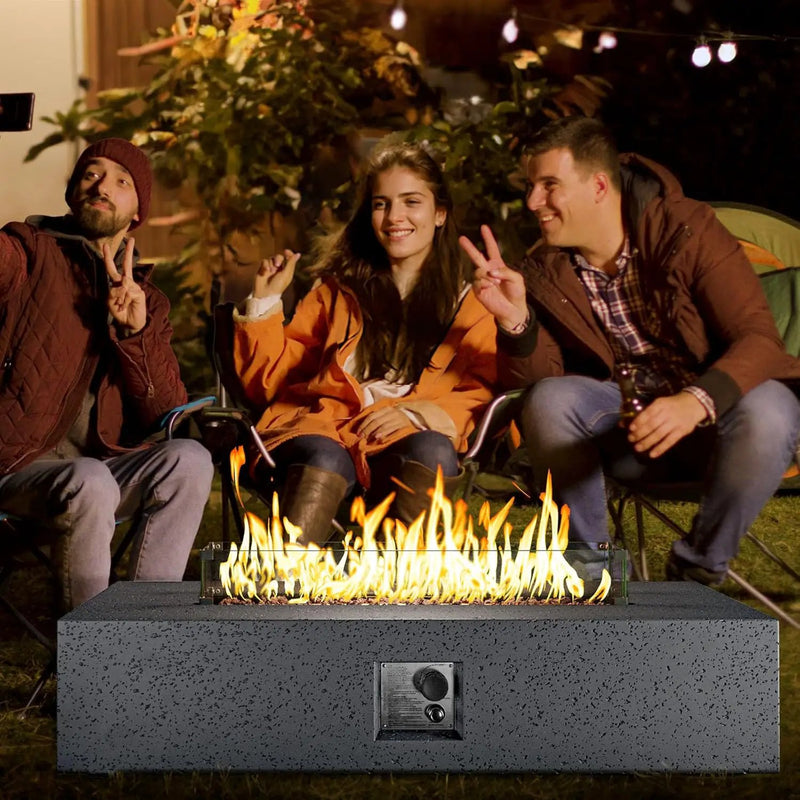 COSIEST 56 x 28 inch Outdoor Propane Fire Pit Coffee Table w Concrete Rectangle Base, CSA Certified, 50,000 BTU, Free Lava Rocks and RainCover, Fits 20lb Tank Outside, Wind Guard, Tank Cover, Gray by GreenHaven Gardens