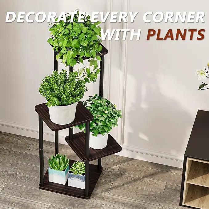 AZERPIAN Plant Stand 4 Tier Indoor Metal Flower Shelf for Multiple Plants Corner Tall Flower Holders for Patio Garden Living Room Balcony Bedroom, Black oak by GreenHaven Gardens