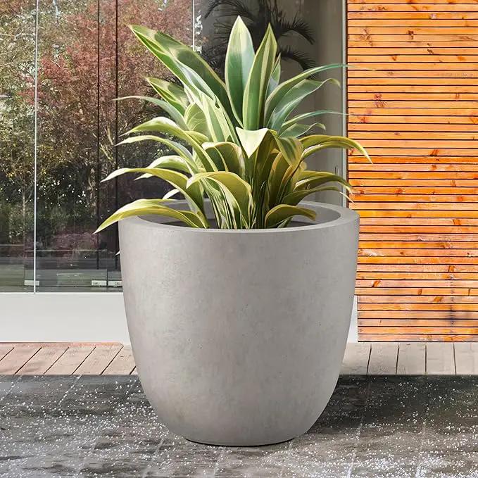 Kante 18 Inch Diameter Round Concrete Planter, Indoor Outdoor Large Plant Pot with Drainage Hole and Rubber Plug for Home Patio Garden, Buff Concrete by GreenHaven Gardens
