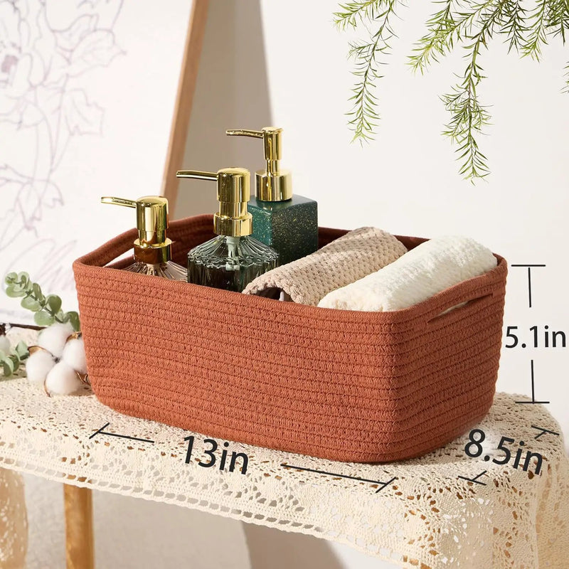 Small Storage Baskets for Organizing | Closet Organizer Bins | Shelf Toy Basket | Woven Rope Baskets | Cube Decorative Box | Shallow Basket | 13x8.5x5.1” | 3 Packs Oxide Red by GreenHaven Gardens