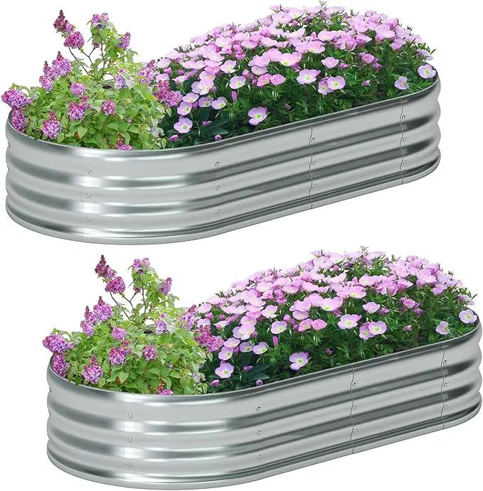 zizin 2 Pack Galvanized Raised Garden Bed Metal Oval Raised Garden Beds Outdoor Planter Box for Vegetables (6x3x1FT, Silver) by GreenHaven Gardens