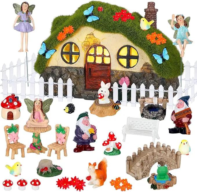 Suzile 50 Pcs Solar Fairy House Garden Accessories Light up Flocked Fairy House Garden Kit Green Resin Miniature Mushroom Figures Micro Landscape Ornament(Stone House) by GreenHaven Gardens