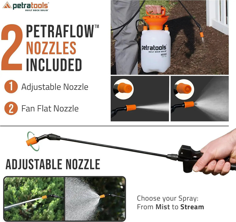 Petratools 1 Gallon Pump Sprayer – HD101 Garden Sprayer for Weeds, Lawn Care & Pesticides – 52” Long Hose, 2 Nozzles & Easy Carry Handle – Durable & Lightweight by GreenHaven Gardens