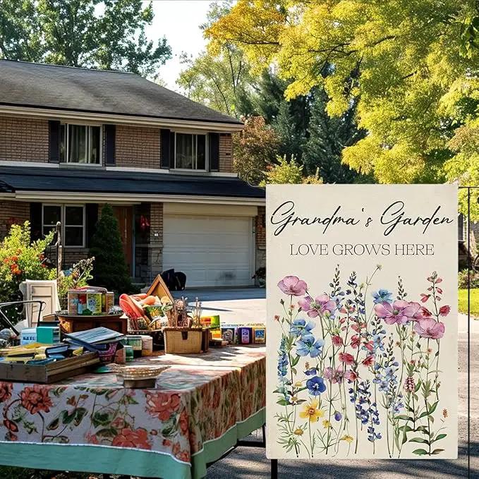 Grandma's Garden Flag Welcome Sign Love Grows Here Flag Gift Flower Decoration Small Double Sided Burlap art Stained Glass Style Garden Flags 12 x 18 Inch for Outside by GreenHaven Gardens