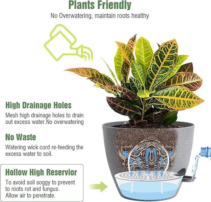 10/9/8 inch Self Watering Pots, Set of 3 Plastic Planters with Mesh Drainage Holes and Deep Reservoir for Indoor Outdoor Garden Plants and Flowers, Grey Speckles by GreenHaven Gardens