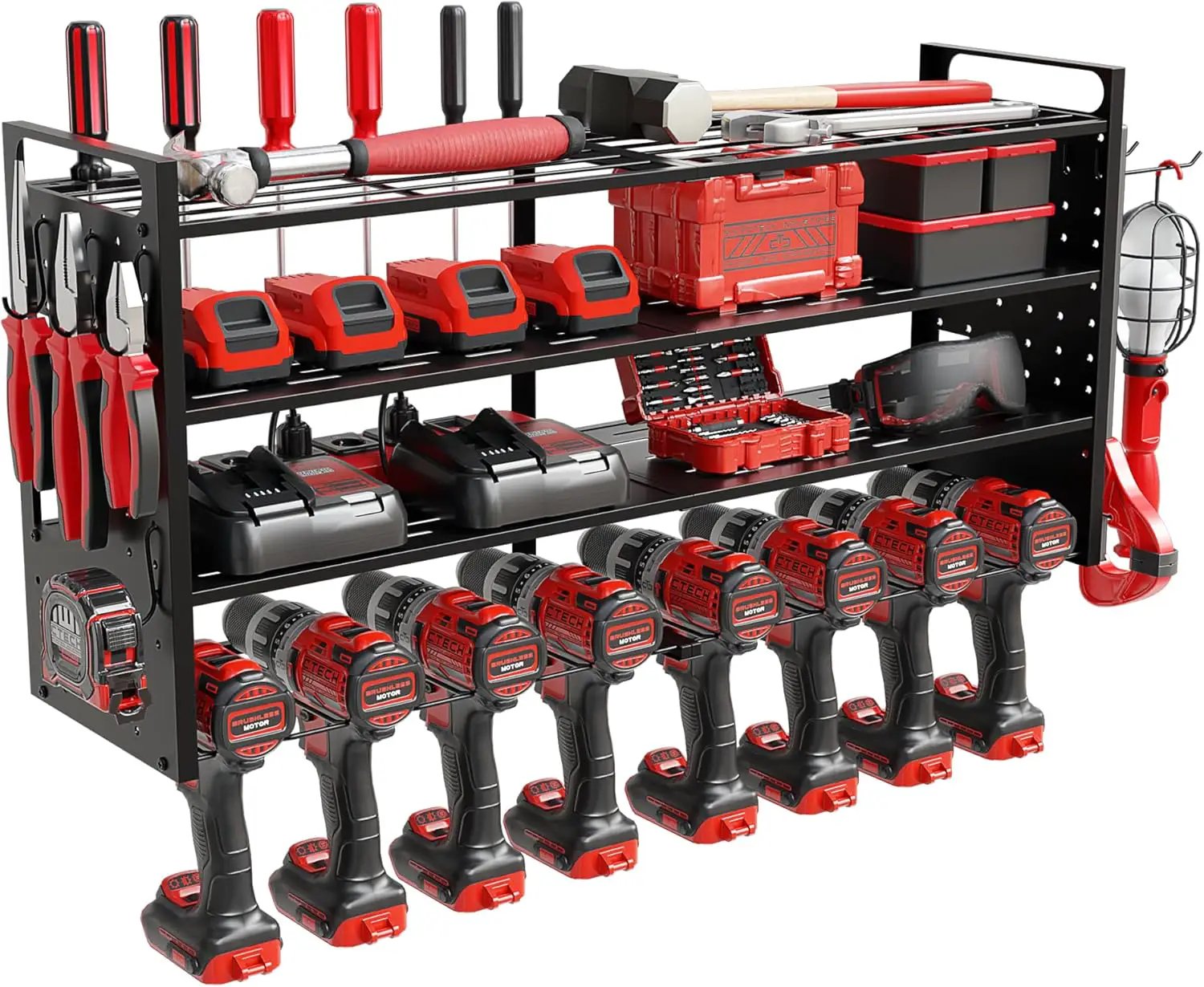 Power Tool Organizer Wall Mount - Power Tool Storage Rack with 3 Shelves, 8 Drill Holders, Bit Holder, Load 300 lbs, Pegboard Sides Storage for Tools- Garage Drill Organizer, Ultimate Workshop Station by GreenHaven Gardens