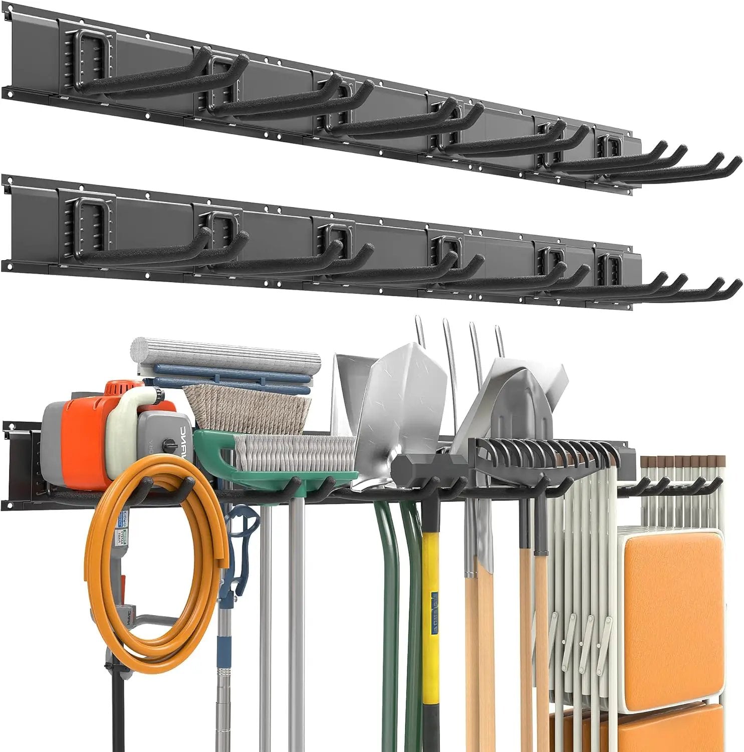 EVERHANGER Garage Tool Storage Organizer, Wall Mount Garden Tool Rack Organization, Heavy Duty Folding Chair Hangers with 12 Adjustable Hooks, Max Load 900lb, 96inch by GreenHaven Gardens