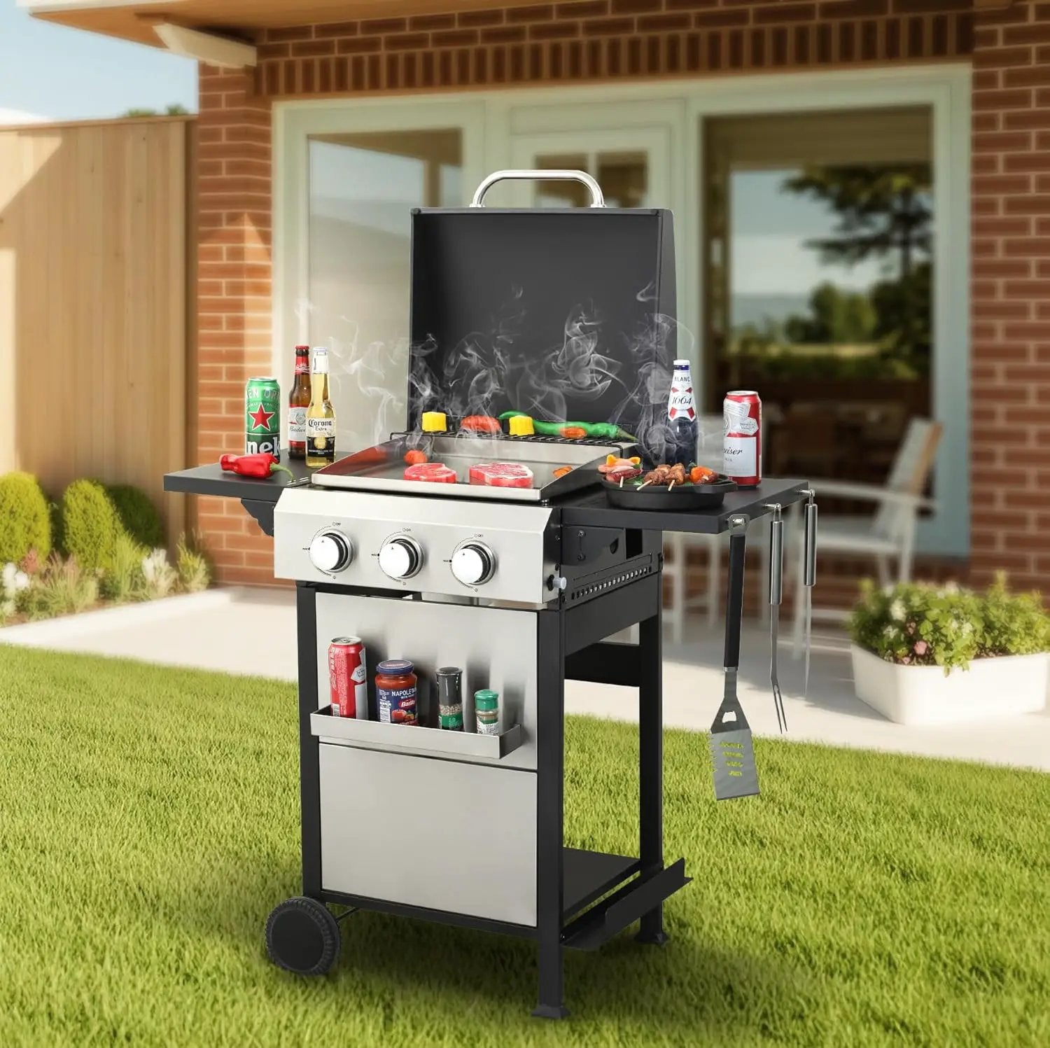 3-Burner Propane Gas BBQ Grill with SS Plancha, 36,900 BTU Output, Wire Enamel Grids, Foldable Side Table and Hanging Basket, Stainless Steel Grill for Patio Use by GreenHaven Gardens