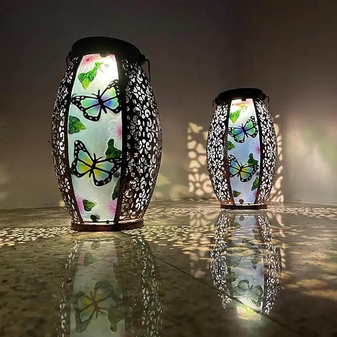 Butterfly Solar Lanterns Glass & Metal Hanging Lantern Outdoor Waterproof 16" H Tabletop Light with Hollowed-Out Design for Garden Patio Table Decor Mother's Day Gift by GreenHaven Gardens