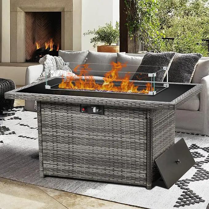 Propane Fire Pit Table,44 Inch 55000 BTU Outdoor Gas Fire Pit Rectangular with Glass Wind Guard for Outside Patio Deck (Gray-Glass Top) by GreenHaven Gardens