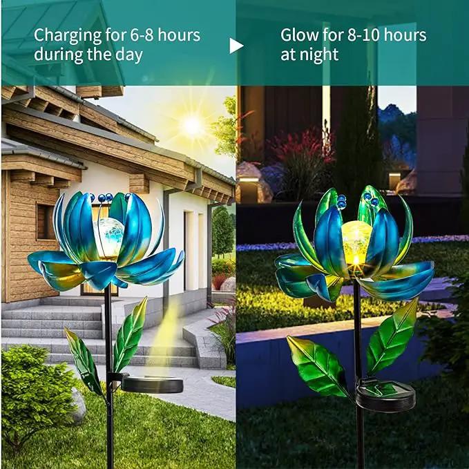 Huaxu Solar Outdoor Lights 35.4In Garden Decor Flower Wind Spinners,Waterproof LED Crackle Glass Globe Blue Lotus Art Metal Stake for Lawn Patio Pathway Yard Porch Driveway Decorations Gift by GreenHaven Gardens