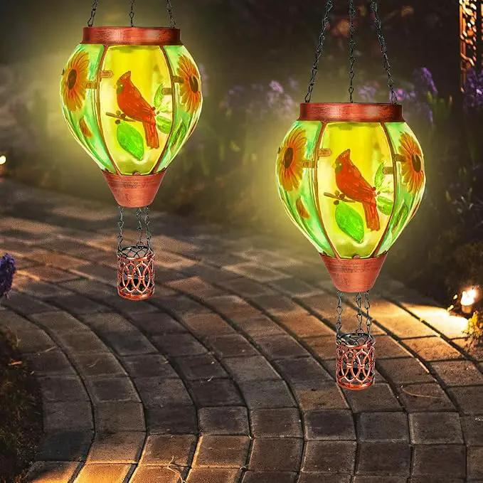 Solar Hot Air Balloon Lantern with Flame， Cardinal Glass Solar Hanging Lights Outdoor Yard Patio Farmhouse Decoration, Cardinal Gifts for Women Grandma Mom - Cardinal by GreenHaven Gardens