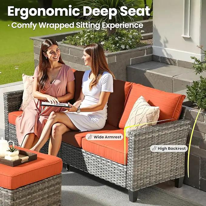 ovios 6 Pieces Patio Furniture Set with 42" Fire Pit Table, Outdoor Wicker Sofa with Comfy Cushions, All Weather High Back Rattan Couch Conversation Set, Orange Red by GreenHaven Gardens