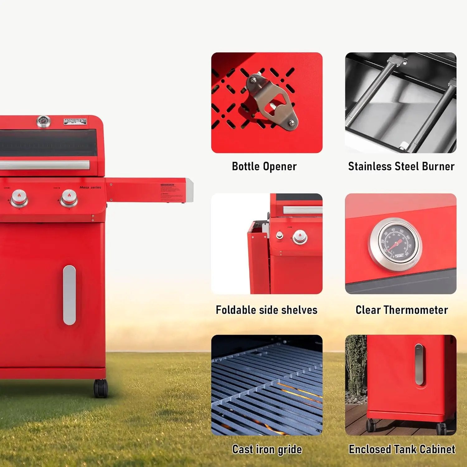 Monument Grills 2-Burner Stainless Steel Liquid Propane Gas Patio Garden Barbecue Grill with Clearview® Lid, Knob Control and Two Foldable Shelves Mesa200R with BBQ Cover, Red by GreenHaven Gardens