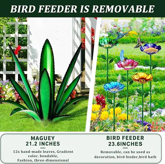 Upgraded Large Metal Yard Art, Metal Agave Plant Yard Decorations Outdoor Sculpture, Metal Flowers for Outside, Waterproof Outdoor Garden Decor (Yellow + Bird Feeder) by GreenHaven Gardens