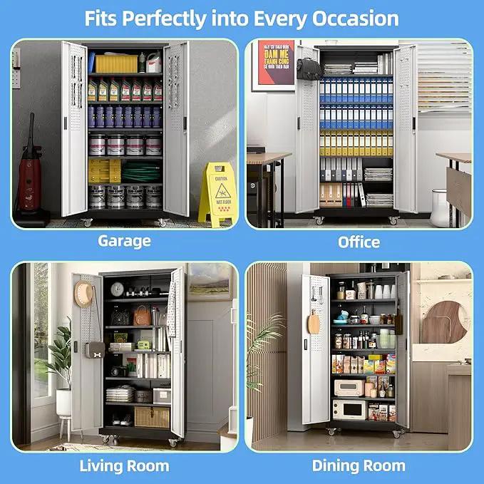 Metal Garage Storage Cabinet with Wheels & Pegboard, Lockable Metal Storage Cabinets with 2 Doors&5 Adjustable Shelves for Garage&Home,Assembly Required,Black Gray 71''H x32''W x16''D by GreenHaven Gardens