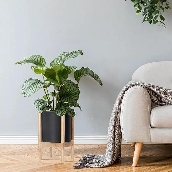 D'vine Dev Planter Pot with Stand - 10 Inch Plastic Cylinder Flower Pot with Wood Planter Holder for Indoor, Matte Black Pot + Natural Stand, 55-C-M-2 by GreenHaven Gardens