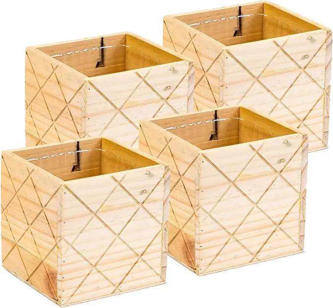 Wood Planter Box with Diamond Cross Hatch Style, 5 Inch Square, Rose Wood, Plastic Liner, Wedding Flowers Holder, Home and Venue Decor (5x5 Diamond Cross Hatch Set of 4, Rose Wood) by GreenHaven Gardens