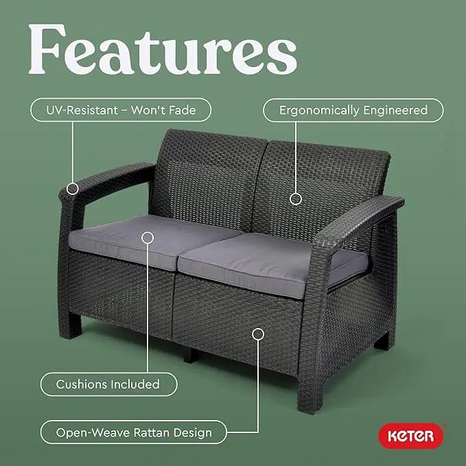 Keter Corfu 4 Piece Set All Weather Outdoor Patio Garden Furniture with Cushions, Charcoal by GreenHaven Gardens