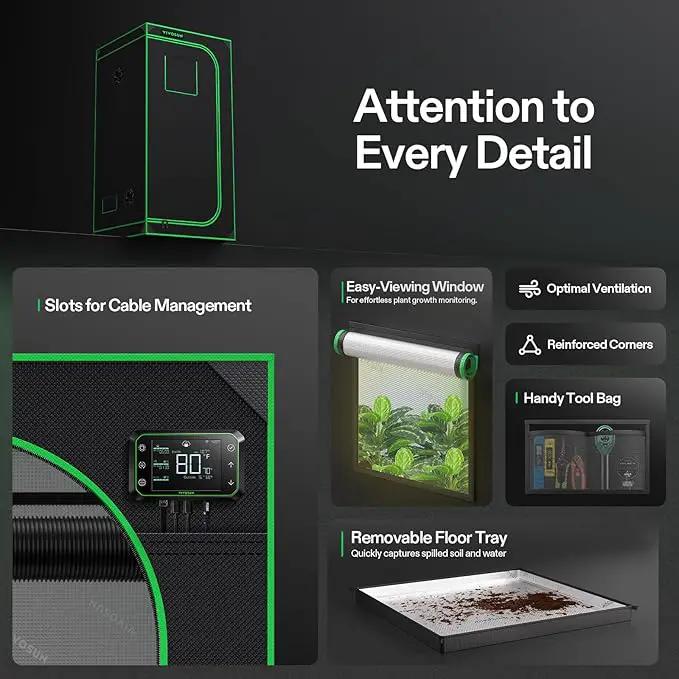 VIVOSUN S336 3x3 Grow Tent, 36"x36"x72" High Reflective Mylar with Observation Window and Floor Tray for Hydroponics Indoor Plant for VS2000/VS3000 by GreenHaven Gardens