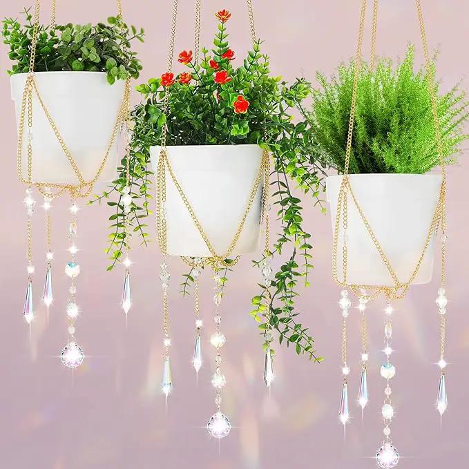 Chunful 3 Pack Sun Catcher Plant Hanger with Beads and Glass Crystal Beaded Plant Hanger Sun Catchers Kit Hanging Basket Accessories for Indoor Home Rainbow Decor, Pots Not Included(Gold) by GreenHaven Gardens
